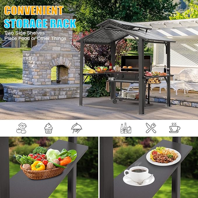 Domi 8x5FT Hardtop Grill Gazebo, Grill Canopy for Outdoor Grill w/Double Galvanized Steel Roof, 2 Side Shelves and Ceiling Hooks, Grill Tent BBQ Gazebo for Patio Garden Backyard, Grey, Gray