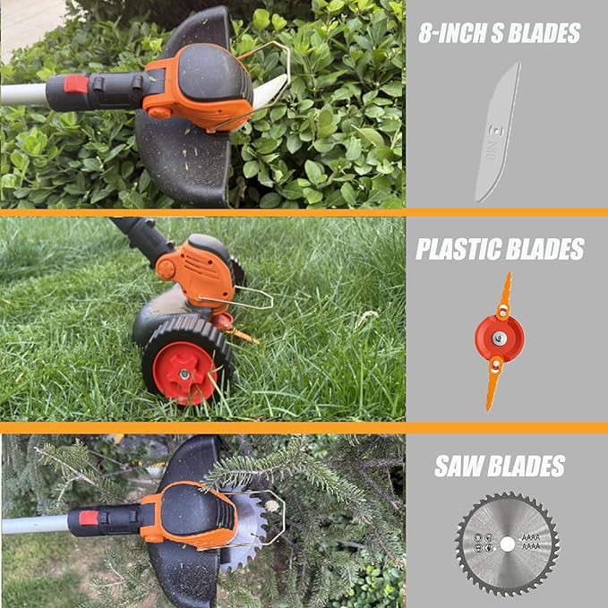 Electric Weed Wacker Cordless Eater Battery Powered, String Trimmer with 21V/4.0Ah Battery Operated & Wheels 3 Types Blades, 3 in 1 Stringless Grass Trimmer/Edger/Brush Cutter for Garden Yard Lawn