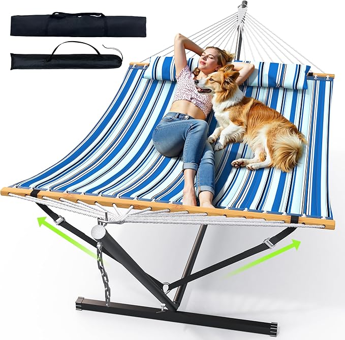 Double Hammock with Stand, Heavy Duty Outdoor Hammock for Two, 500 LBS Capacity, Stable Steel Frame with Balance Strap, Easy Tool-Free Assembly for Patio, Garden, Backyard & Beach,Blue