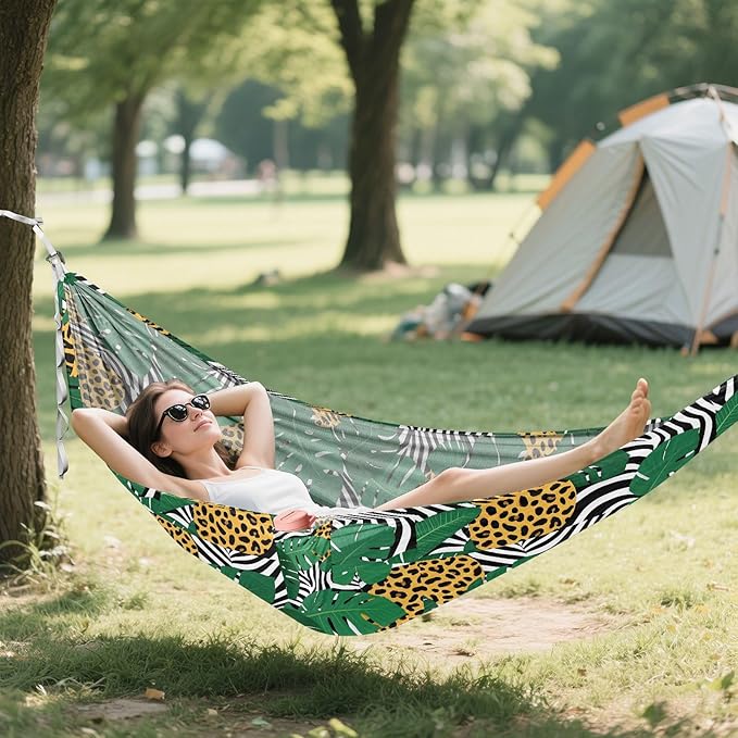Camping Hammock Outdoor Hammocks for Outside Leopard Tropical Leaf Beach Trees Portable Lightweight with Pockets Tree Straps Indoor Small