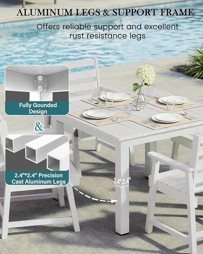 LOUNZY 5-Piece HDPE Patio Dining Set - Outdoor Square Table with 2" Hole Cut-Out & 4 Chairs,White