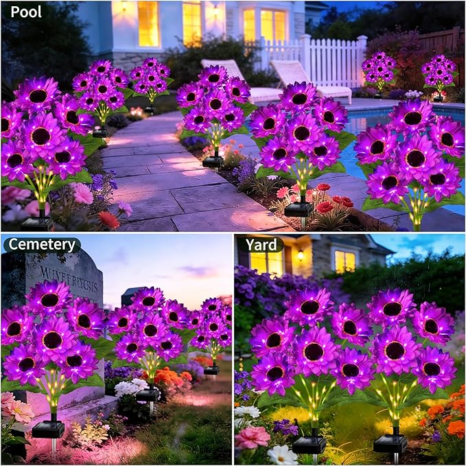 Solar Garden Lights Outdoor, 6 Pack Solar Purple Sunflower Lights with 18 Head 3.4 Inch Flowers, Waterproof Flowers Light Fall Decor Auto ON/Off for Garden Yard Patio Backyard, Gifts for Mom Women