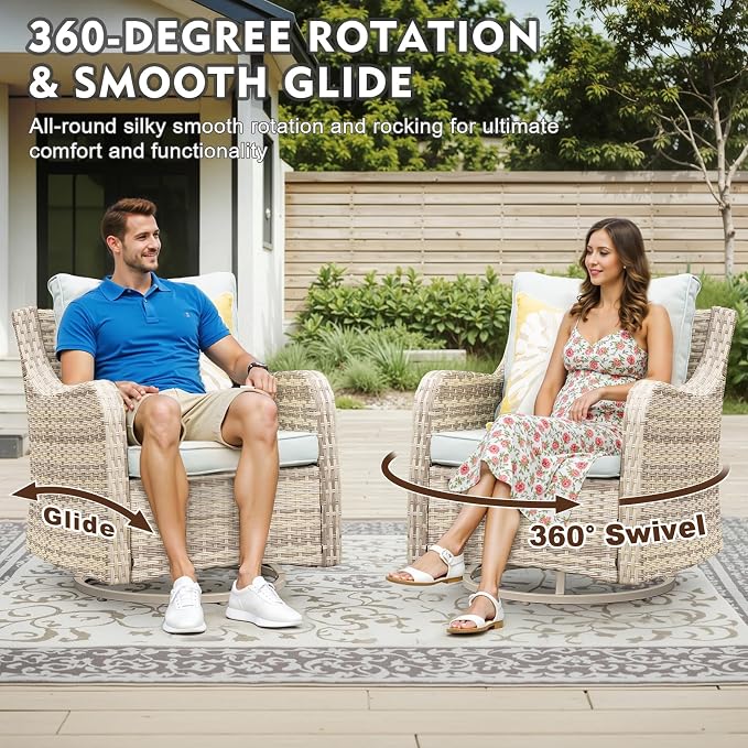 MEISSALIVVE 7 Pieces Outdoor Patio Furniture Set with Swivel Chairs, Wicker Patio Conversation Set, Patio Sectional Furniture Set with with Loveseat, 2 Ottomans and Dining Table (Blue)