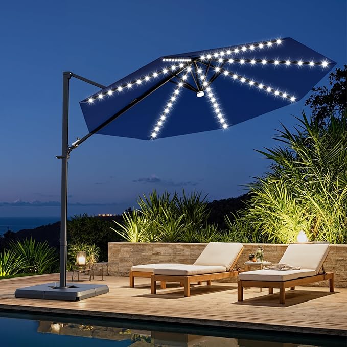 Greesum 10FT Outdoor Patio Umbrella with High Pedel and 4 Gear Heights, Large Offset Umbrella with Solar LED Lights and 360-degree Rotation, Without Base, Hanging Outdoor Shade for Garden, Deep Blue