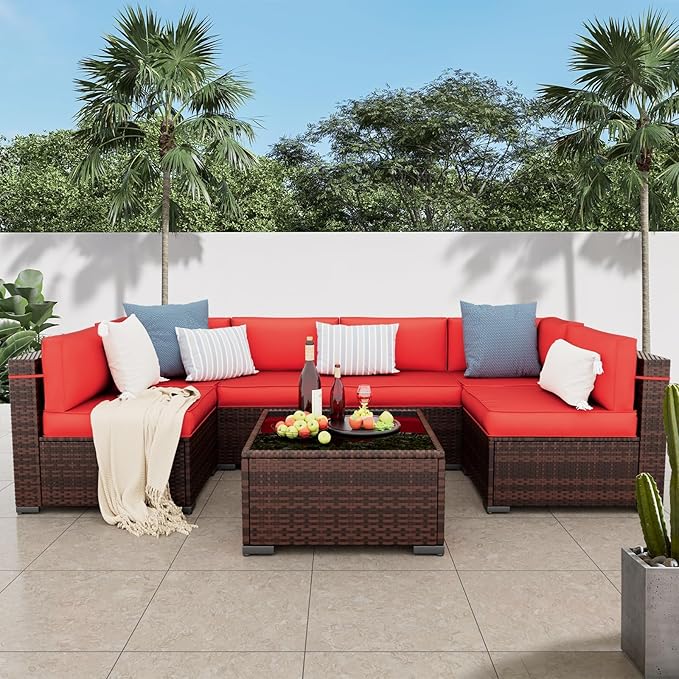 Amopatio Patio Furniture Set 7 Pieces Patio Conversation Set Outdoor Sectional Wicker Rattan Sofa with All-Weather Cover, Patio Furniture with Pillows Fits Porch Garden Backyard Balcony(Red)