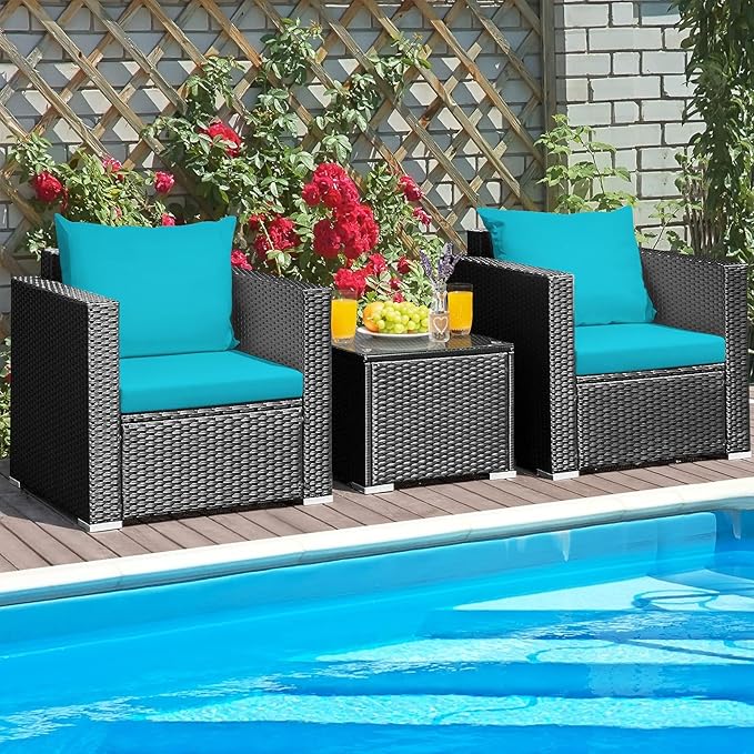 HAPPYGRILL 3 Pieces Rattan Patio Conversation Set, PE Wicker Patio Furniture Set with Coffee Table and Cushions, Outdoor Sofa Set for Garden Balcony Porch Poolside