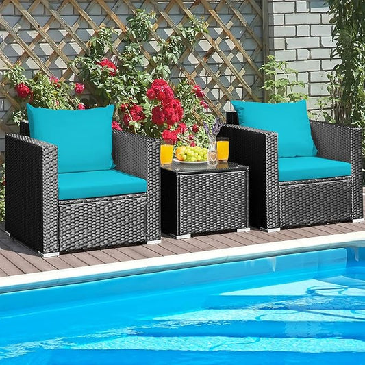 HAPPYGRILL 3 Pieces Rattan Patio Conversation Set, PE Wicker Patio Furniture Set with Coffee Table and Cushions, Outdoor Sofa Set for Garden Balcony Porch Poolside
