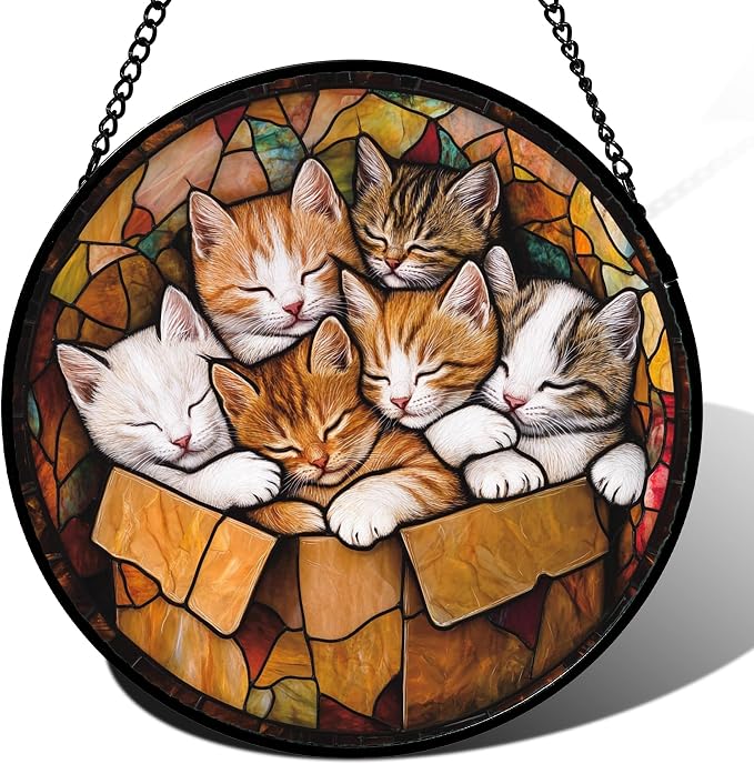 Stained Glass Window Hanging 6 Cute Kittens Large 11.8" - Cat Gift Suncatcher Door Sun Catcher Decor Birthday Christmas for Lost Pets Mom Men Woman Friend
