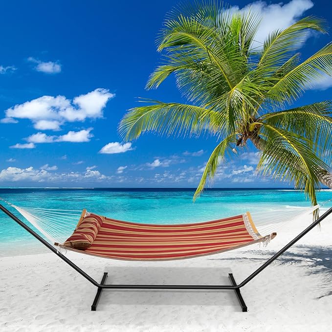 Giantex with Detachable Pillow Outdoor Hanging Chair, Patio w/Curved Bamboo Spreader Bar, Steel Chain, Hammock Swing for Backyard, Beach, Garden(Stand Not Included) (Red)