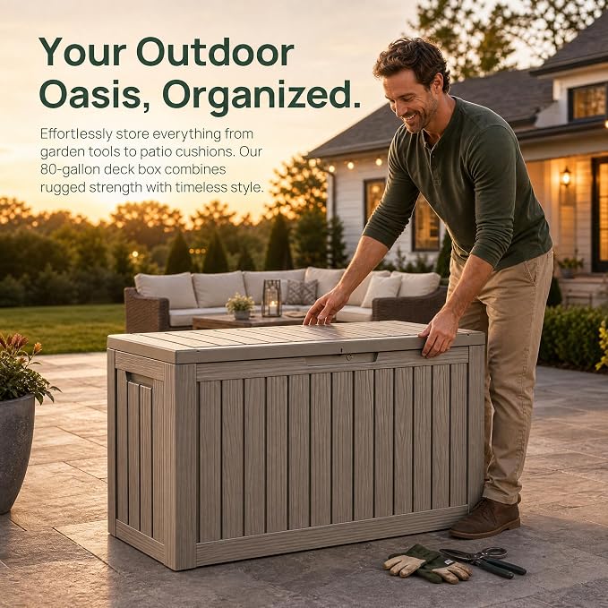 98 Gallon Large Deck Box, Waterproof Resin Outdoor Storage Box Lockable, Patio Storage Bench for Furniture Cushions & Garden Tools, 2-Person Seat, UV-Resistant, Gray Brown