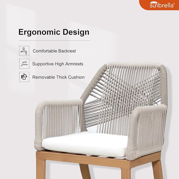 PURPLE LEAF 7 Pieces Patio Dining Set Aluminum Modern Rectangular Table and Rattan Arm Chairs with Cushions for Kitchen Porch Garden Outdoor Furniture Set with Bar Stools, Teak