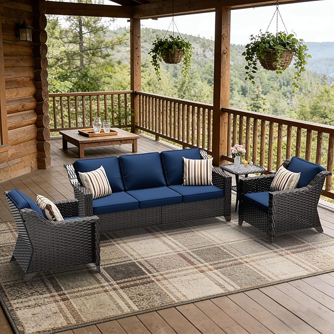 4 Pieces Patio Conversation Furniture Set - 1 Sofa, 2 Armchairs, 1 Side Table, Outdoor Wicker Furniture with Removable Cushions for Porch, Balcony, Sunroom (Blue)