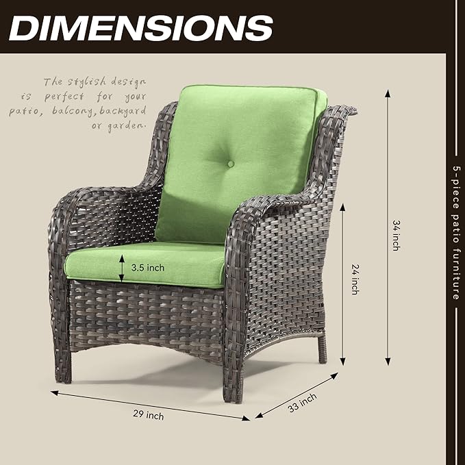 Outdoor Wicker Chair Rattan Patio Dining Chairs Set of 4 PE Wicker Patio Chairs with 3.5 inch Seat Cushions Patio Seating Chair for Garden, Backyard Swimming Pool, Balcony, Green