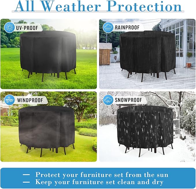 Kingling Patio Furniture Covers Waterproof, Round Patio Table Cover 90 inch Heavy Duty Outdoor Table Cover for Dining & Coffee Table Chair Set, Firepit Table All Weather Resistant Black- 90''D x43''H