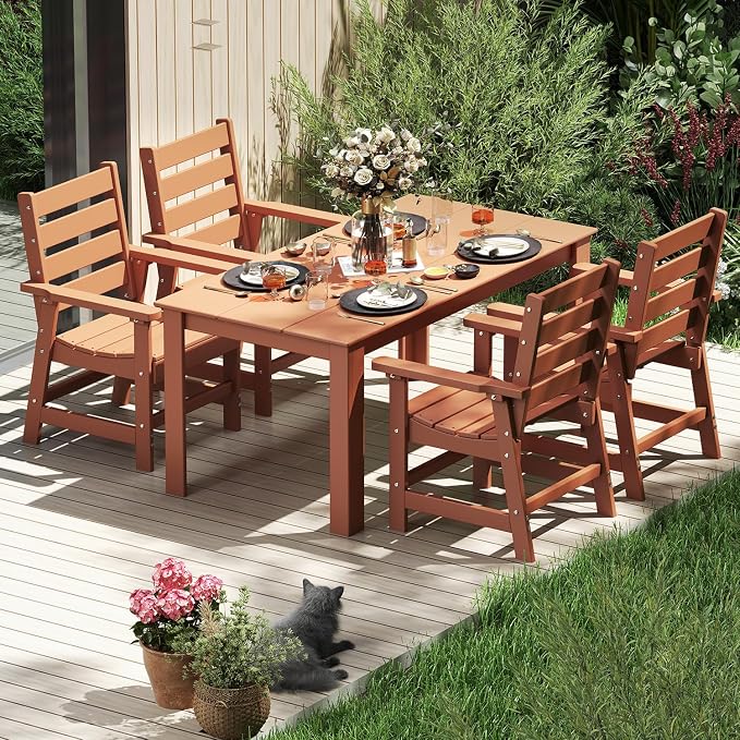 IVY&LANE Outdoor Dining Table | HDPE | 67’’ Rectangle Tables | Teak | All Weather | Umbrella Hole | Patio Furniture | for Poolside Lawn Garden Backyard