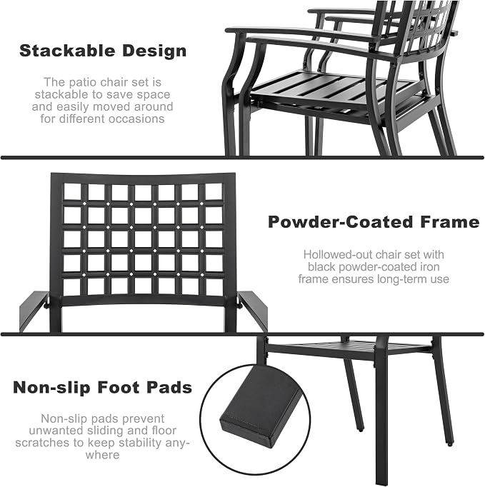 NUU GARDEN 5 Piece Outdoor Patio Dining Set, 37" Square Dining Table with 1.57" Umbrella Hole and 4 Dining Chairs, Powder-Coated Finish, for Garden,Patio, Deck, Backyard, Black