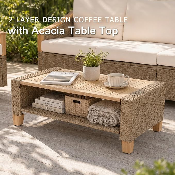 SUNSITT 4-Piece Wicker Patio Set with Swivel Chairs, Acacia Wood Accents | 3-seat rattan sofa,2 swivel chairs with acacia wood armrests, 2-layer wood top coffee table, thick cushions for backyard