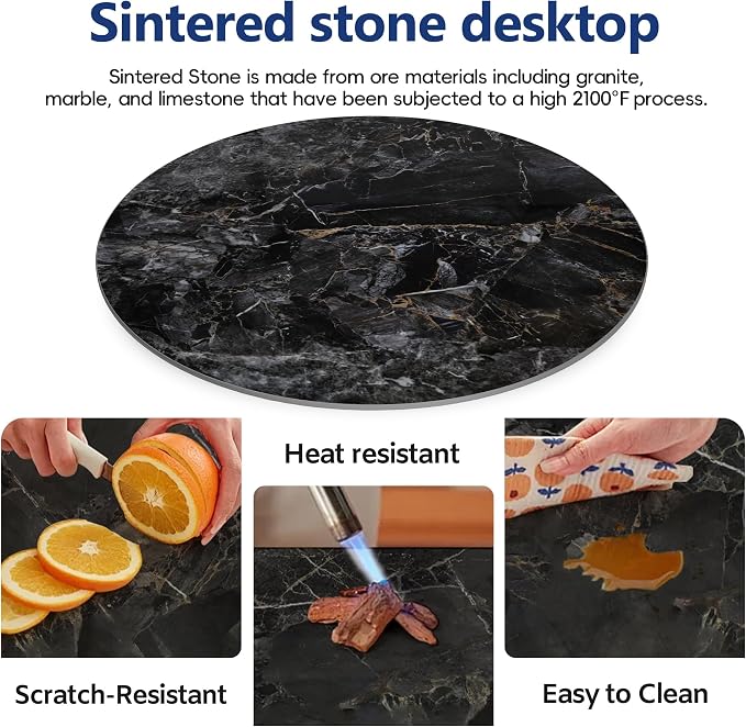 ZL ZELing Round Sintered Stone Table Top 31",Replacement Table Top for Indoor & Outdoor - Heat/Scratch Resistant Waterproof Ceramic DIY Desktop, Patio/Balcony/Bistro/Café & Dining Room (Bright Black)