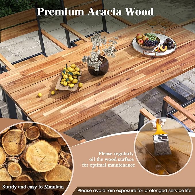 COSTWAY Outdoor Dining Set for 6, 69’’ x 32’’ Acacia Wood & Metal Patio Dining Table with 2'' Umbrella Hole, 6 Stackable Chairs, Ergonomic Armrests, 7 Pieces Dining Set for Backyard, Deck, Patio