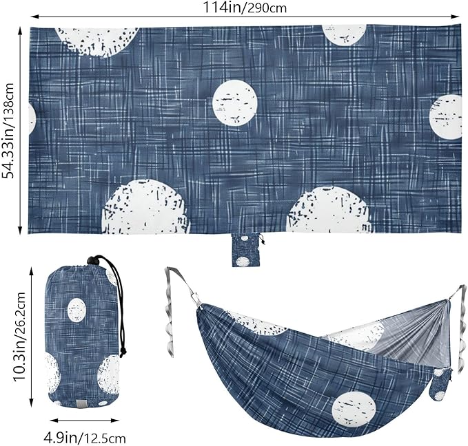 Round White Spots on A Denim Blue Background 330lb Capacity Camping Hammocks with Tree Straps Rope Hammock for Outside Patio Garden Base para poner hamaca