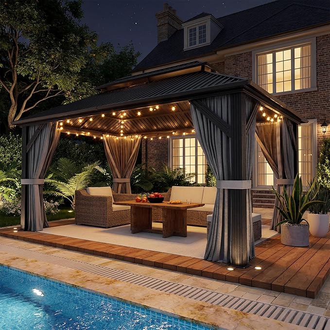 10'x14' Outdoor Gazebo Hardtop Permanent Gazebo Aluminum Galvanized Steel Double Roof Outdoor Pergola Include Curtain and Netting for Backyard, Patio, Lawn