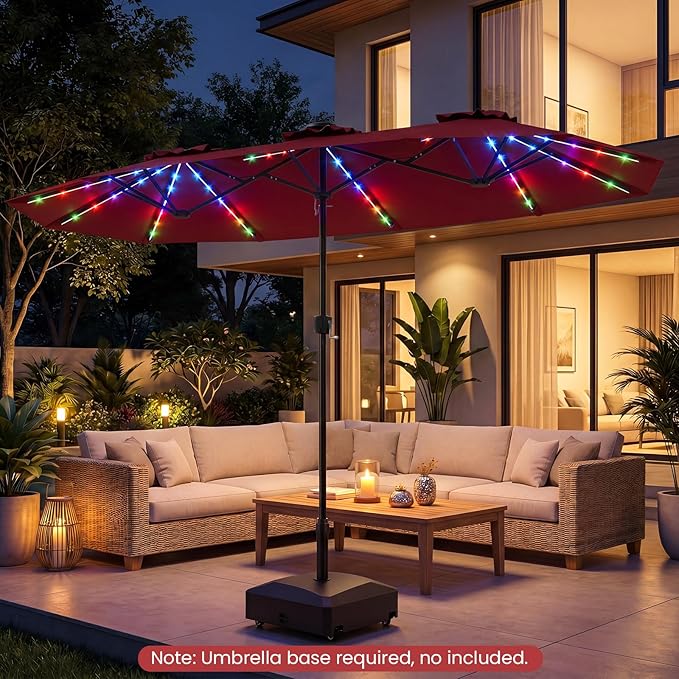 Tangkula 13 Ft Solar Patio Umbrella, Double-Sided Extra Large Outdoor Market Table Umbrella with Multi-Colored Flowing LED Lights, Crank Handle, 12 Sturdy Ribs for Poolside, Garden & Backyard (Wine)