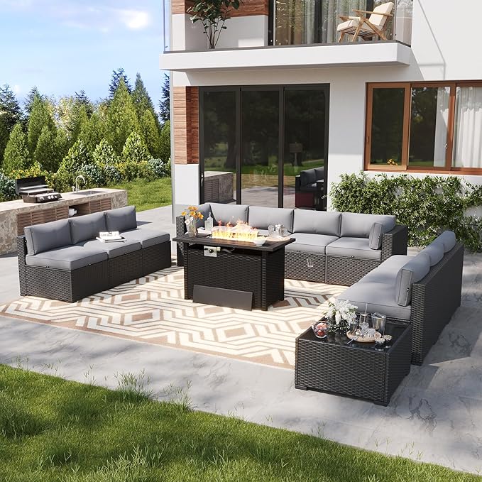 LazySunsets 12 Piece Outdoor Patio Furniture Set with 44'' Fire Pit Table, Outdoor Patio Furniture Sets with Waterproof Cover, Wicker Rattan Outdoor Conversation Set for Backyard, Light Grey