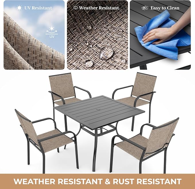 Anmutig 5-Piece Outdoor Dining Set, 35" Square Table with 1.57" Umbrella Hole, 4 Stackable Chairs, Black Steel Frame Beige White Fabric