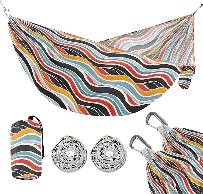 Camping Hammock Outdoor Hammocks for Outside Colorful Wavy Line Beach Trees Portable Lightweight with Pockets Tree Straps Indoor