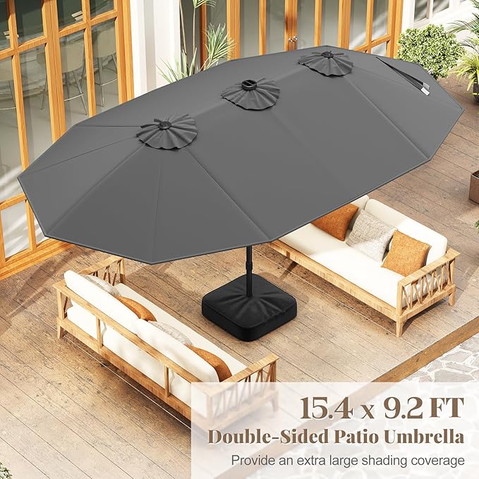 Tangkula 15FT Double-Sided Solar Patio Umbrella, Extra-Large Outdoor Twin Umbrella with 48 LED Lights, Vented Top, Crank Handle, 12 Ribs, Weighted Base Included for Backyard Poolside Deck (Gray)