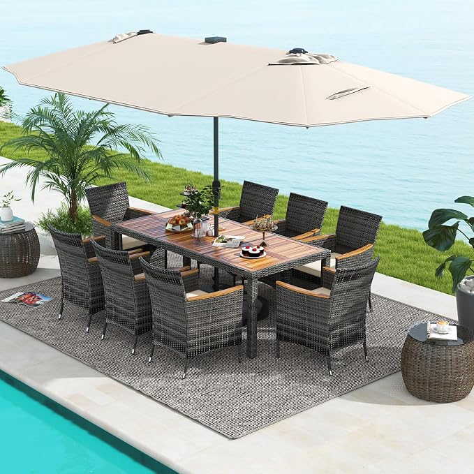Tangkula 11 Pieces Patio Dining Set with 15 ft Double-Sided Patio LED Umbrella (Base Included), Outdoor Rattan Furniture Set with 8 Armchairs, 1 Rectangular Acacia Wood Dining Table