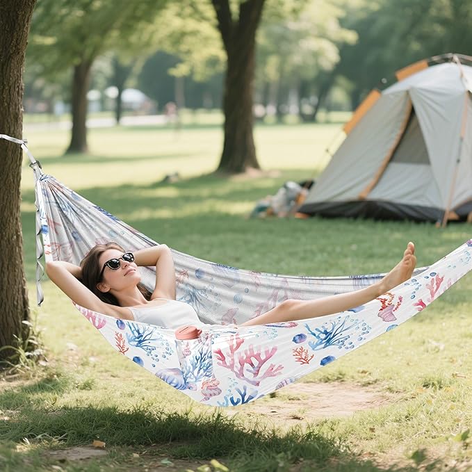 Camping Hammock Outdoor Hammocks for Outside Jellyfish Seahorse Coral Shells Beach Trees Portable Lightweight with Pockets Tree Straps Indoor