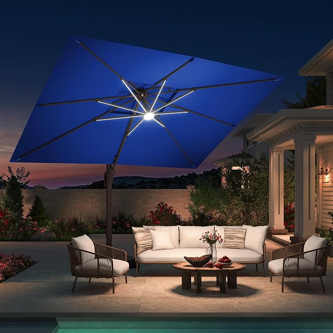 10 X 13 FT Cantilever Patio Umbrella with Base Included & Led Lights Outdoor Rectangle Offset Large Double Top Heavy Duty Umbrellas 360°Rotation for Pool Deck Backyard Garden, Navy