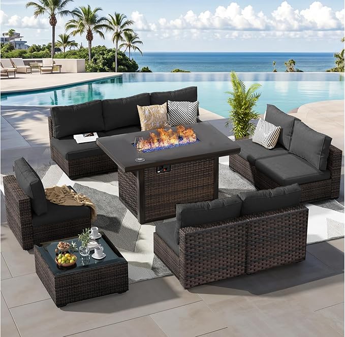 Patio Furniture Set with Fire Pit Table 10 Piece All Weather PE Rattan Outdoor Sectional Sofa Couch with 8 x armless sofa, No-Slip Cushions and Glass Top Table for Garden, Poolside, Backyard (Black)
