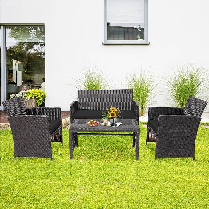 HAPPYGRILL 4 Pieces Rattan Conversation Set Outdoor Wicker Furniture Set with Tempered Glass Coffee Table, Soft Cushions, Weather-Resistant Rattan Chair Set for Garden Backyard Poolside (Black)
