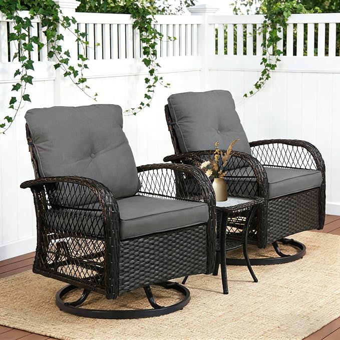 Outdoor Swivel Rocker Patio Chairs with Cushions，Outdoor Swivel Rocking Chairs Set of 2 with Rattan Side Table，360 Degree Swivel Seat Patio Furniture Set for Outside Porch Deck，3 Pieces
