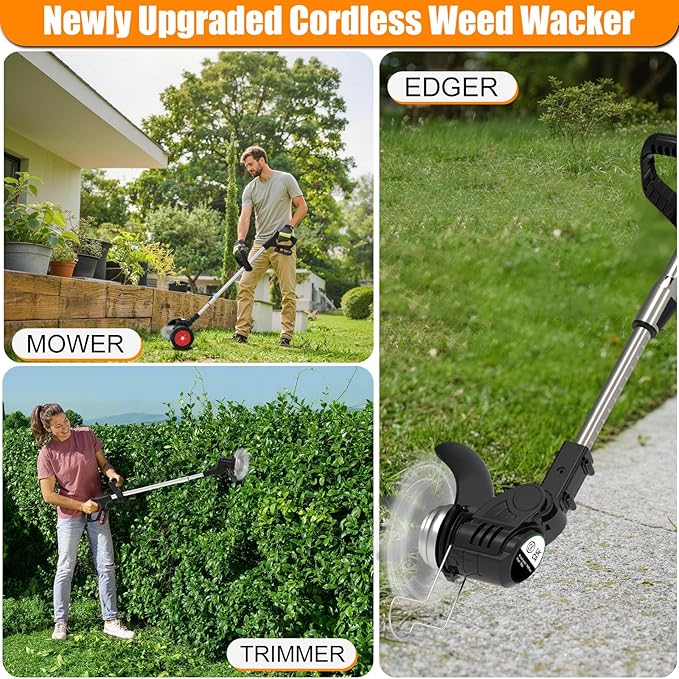 Electric Weed Wacker Eater Battery Powered 3 in 1 Cordless Weed Trimmer 2 21V Battery Operated with 4 Types Blades & Wheels, No-String Grass Trimmer/Lawn Edger/Brush Cutter for Garden Yard