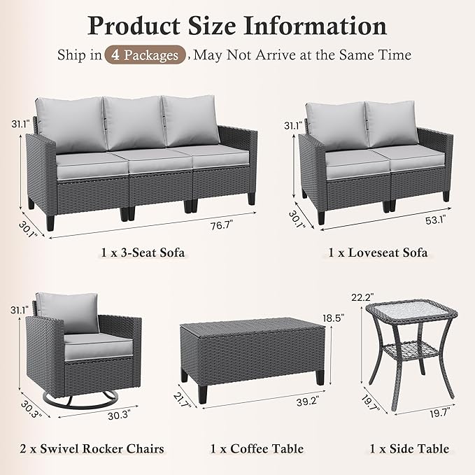 Amopatio Patio Furniture Set, 6-Piece Wicker Outdoor Sectional Sofa with Swivel Rocker Chairs, Rattan Conversation Set with Storage Coffee Table and Waterproof Cover for Backyard Black/Light Grey