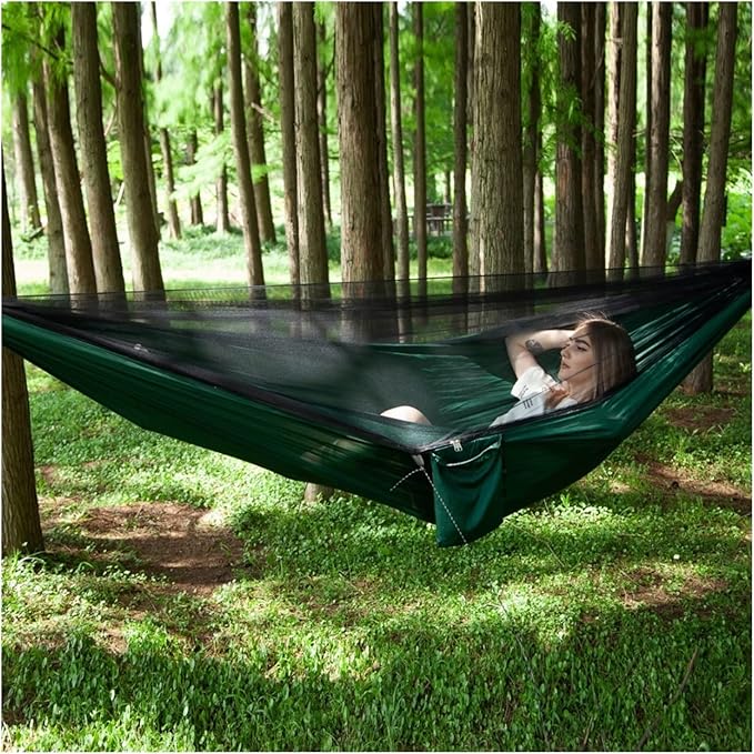 Hanging Chair Swing Double Net Hammock, Easy to Install, 290 * 140cm, with Wind Rope Nails, Portable Camping Travel Cake Hammock (Color : Blue black net)