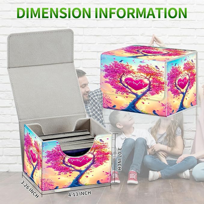 Card Deck Box for MTG, Cards Storage Box Fits 120+ Sleeved, Leather Small Size Strong Magnetic Closing Card Case for Board Games Magic TCG CCG Baseball Collection, Pink Tree
