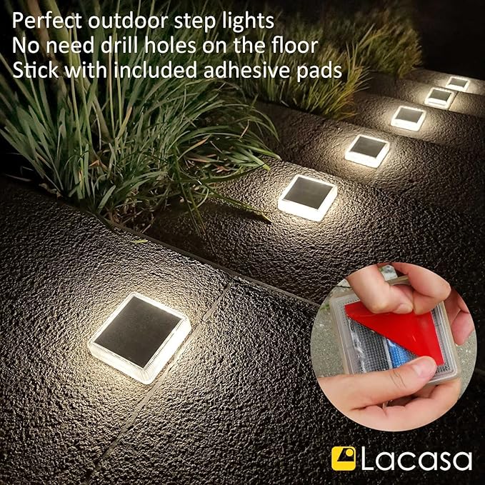 Lacasa Solar Deck Lights Outdoor Waterproof LED, Step Lights Solar Powered Driveway Dock Lights Marine, White 4000K, Dusk to Dawn, for Garden Steps Yard Patio Pathway, Square, 4 Pack