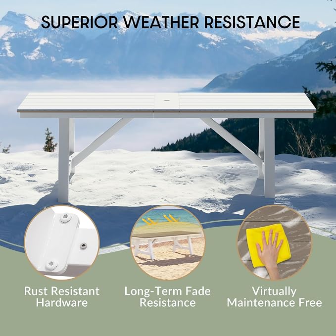 WestinTrends Cape May 90" HDPE Rectangle Outdoor Patio Dining Table with Umbrella Hole and Metal Frame, Weathered Wood