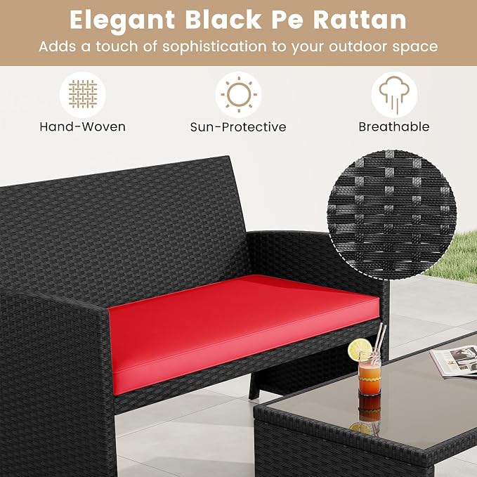 Tangkula 4 Pices Patio Wicker Furniture Set, Outdoor Heavy Duty Rattan Cushioned Chairs, Loveseat and Tempered Glass Coffee Table, for Backyard, Balcony, Poolside