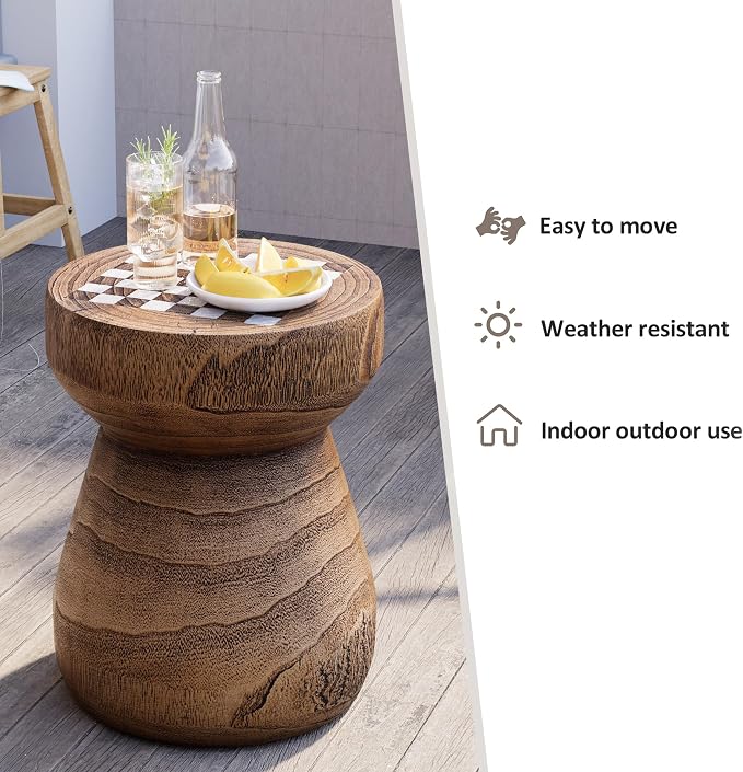 HOMPUS Outdoor Side Table with White Checkerboard Grain Tabletop Mushroom Shaped MgO Lightweight End Tables Modern Vintage Patio Accent Table for Indoor Outdoor Use, Brown & White
