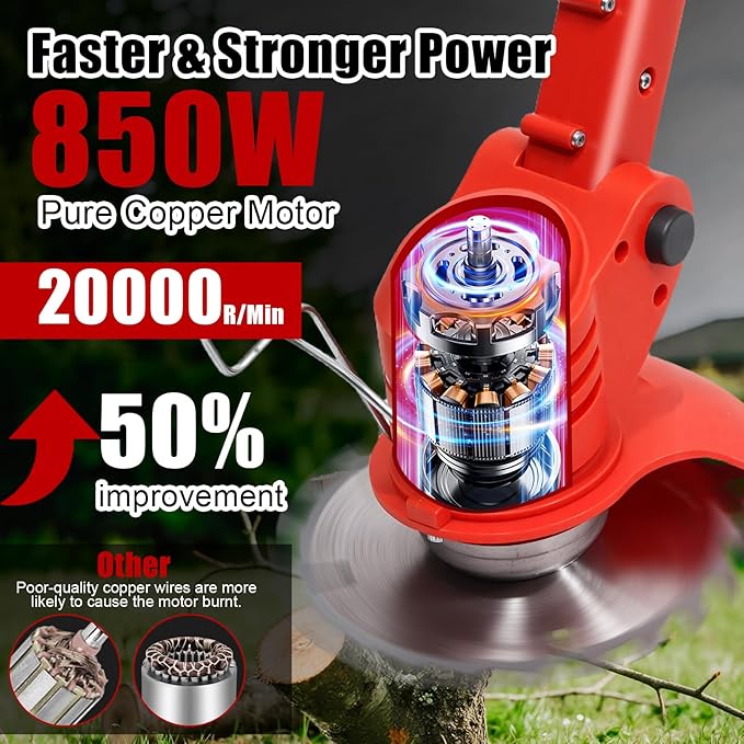 Cordless Weed Wacker, Electric Grass Trimmer 21V 2.0Ah Battery Powered Weed Trimmer, 3 in 1 Stringless Lightweight Brush Cutter/Edger/Mower with 4 Types Blade & Wheels for Garden and Yard Lawn