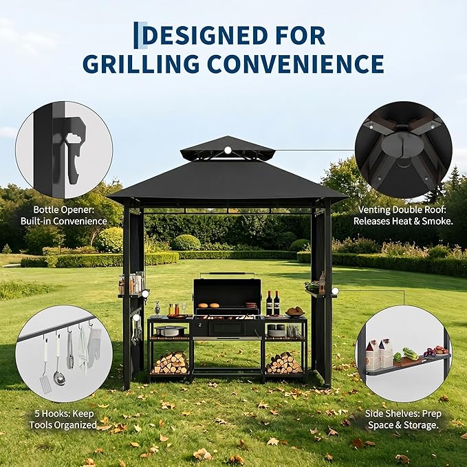 Garvee 8' x 5' Outdoor BBQ Grill Gazebo, Double-Tiered Vented Patio Canopy Tent with 2 Side Shelves for Cooking and Outdoor Entertaining