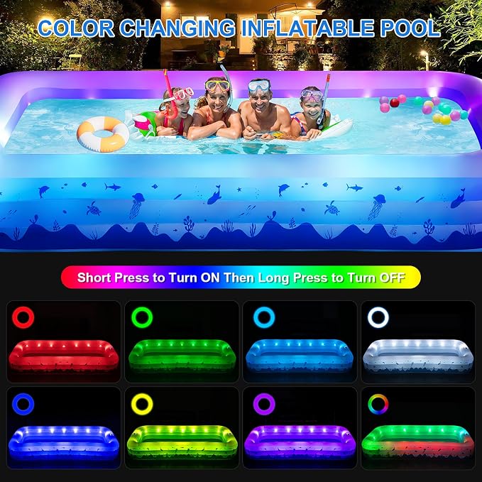 Large Inflatable Pool with Lights, 145" X 74" X 22" Family Inflatable Swimming Pools for Adults, Blow Up Pool Solar Powered, Inflatable PooI for Backyard (Air Pump Not Included)
