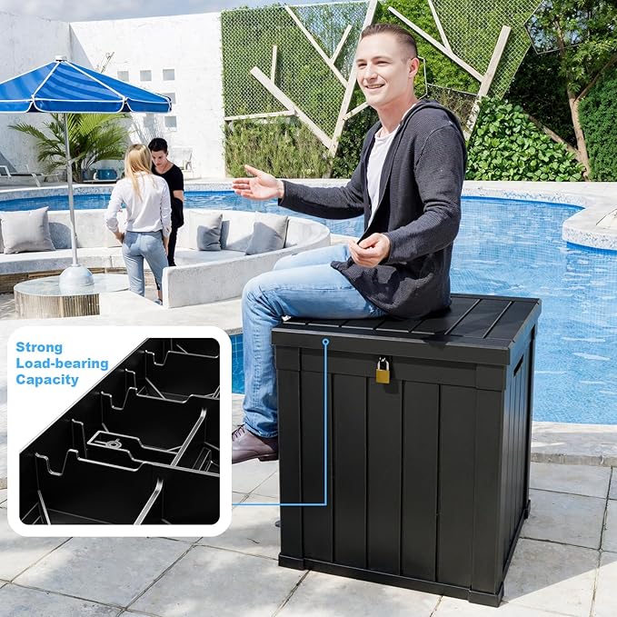 PatioZen 50 Gallon Resin Deck Box, Lockable Outdoor Storage Box for Patio Cushions Storage Furniture,Garden Tools, Pool Supplies, Weatherproof and UV Resistant (Black)
