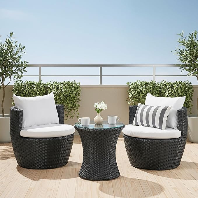 Merax Patio Furniture Set of 3, Outdoor PE Rattan Wicker Chairs with Cushion & Glass Coffee Table for Balcony Garden Front Porch, Patio Conversation Sets for 2, Sturdy Aluminum Frame, Black+Ivory