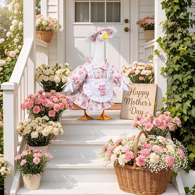 Mother's Day Porch Goose Outfits - Cute 23" Porch Goose Spring Outfits, 2Pcs Floral Spring Goose Clothes for Outdoor Lawn Yard Garden Seasonal Decoration